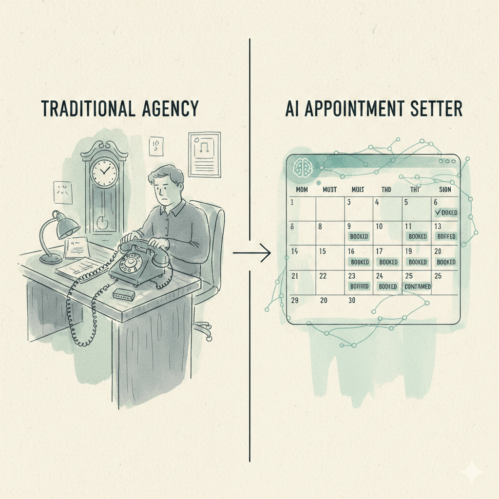 Split-screen comparison of AI appointment setter versus traditional agency showing booking rates and cost per meeting