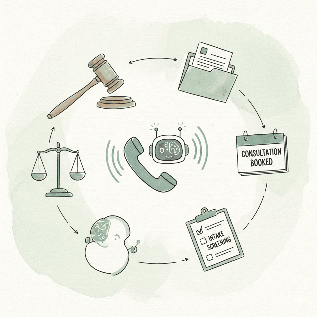 AI legal assistant handling law firm intake calls, screening cases, and booking consultations 24/7