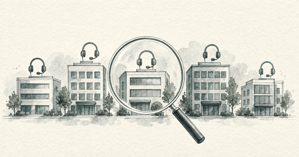 Watercolor illustration of small office buildings with headset icons and a magnifying glass, representing customer service outsourcing companies