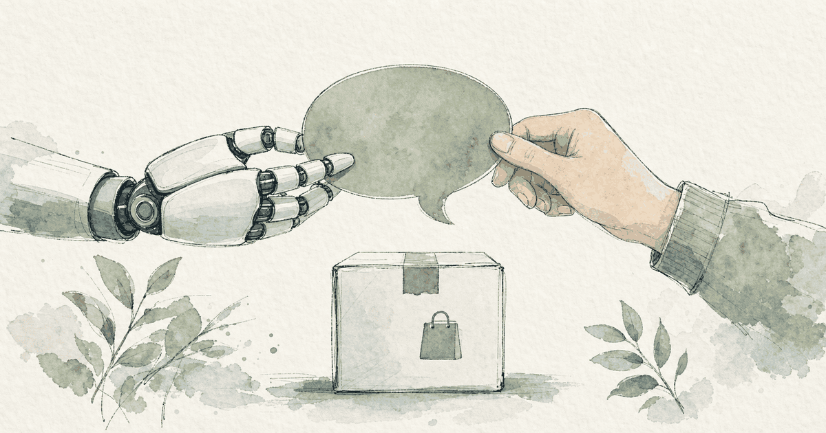 Watercolor illustration of a robot hand and a human hand passing a speech bubble over an online store package