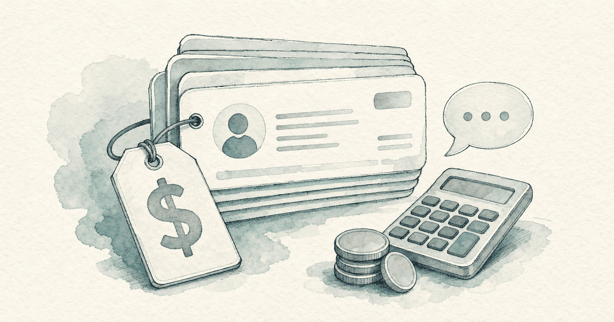 Watercolor illustration of a price tag on a stack of support tickets with a calculator, representing Gorgias helpdesk pricing