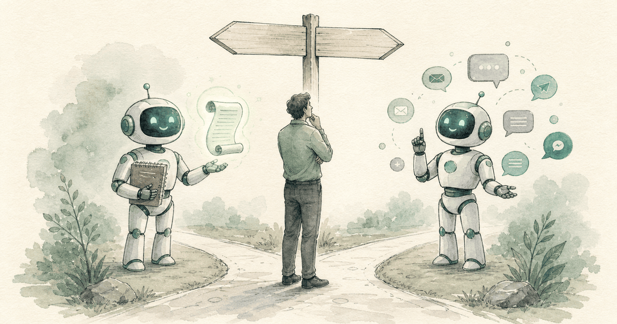 Watercolor illustration of a business owner at a crossroads between two friendly AI robots, one holding a notebook and a glowing scroll for memory and skills, the other surrounded by chat bubbles for messaging channels
