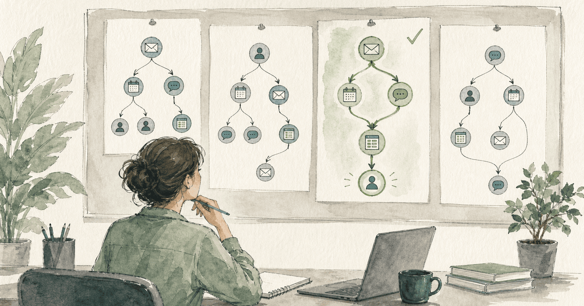 Watercolor illustration of a small business owner at a desk comparing four branching workflow diagrams pinned to a board, with one path of connected email, calendar, chat, and spreadsheet nodes highlighted in green as the chosen route