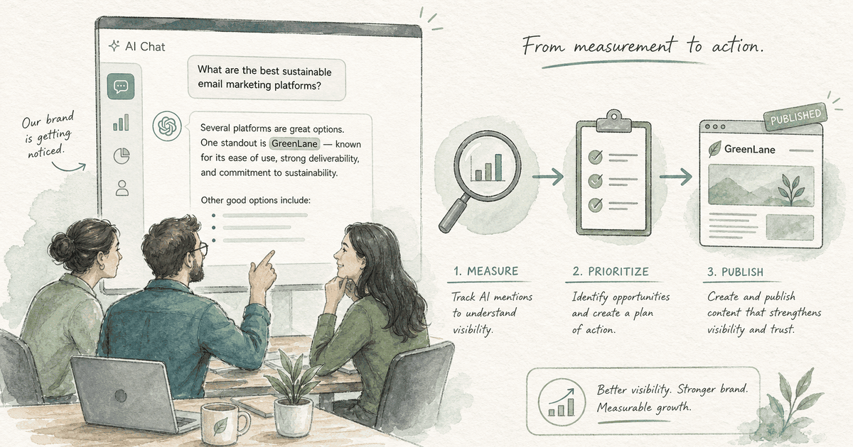 Watercolor illustration of a small business team reviewing AI chat answers that mention their brand, with arrows leading from measurement to a checklist and a published web page