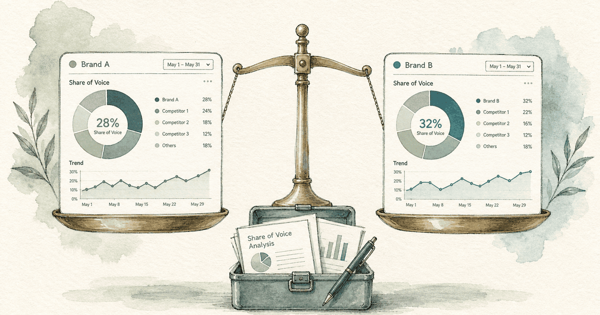 Watercolor illustration of two share-of-voice dashboards balanced on a brass scale, with a small open toolbox of pages beneath