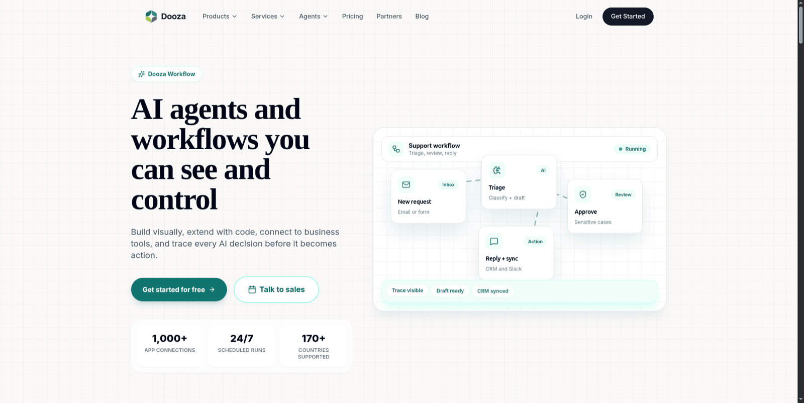 Dooza Agents landing page showing AI agents and workflows with 1000+ app connections and 24/7 scheduled runs