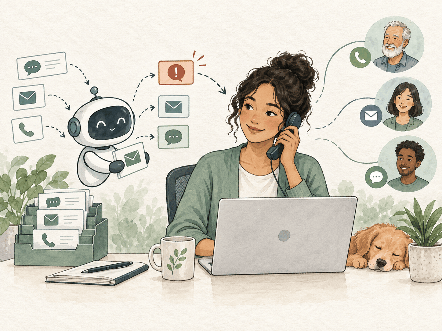 Customer-support professional working with an AI assistant across phone, email, and chat