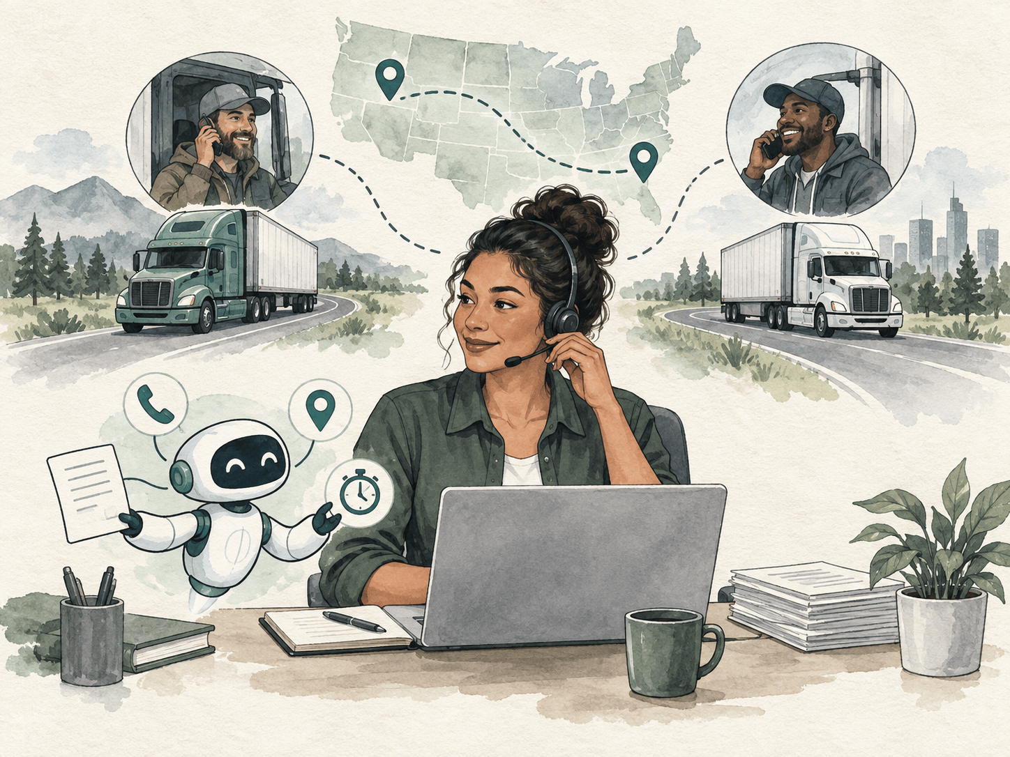 Truck dispatcher coordinating drivers, routes, calls, and delivery paperwork with AI