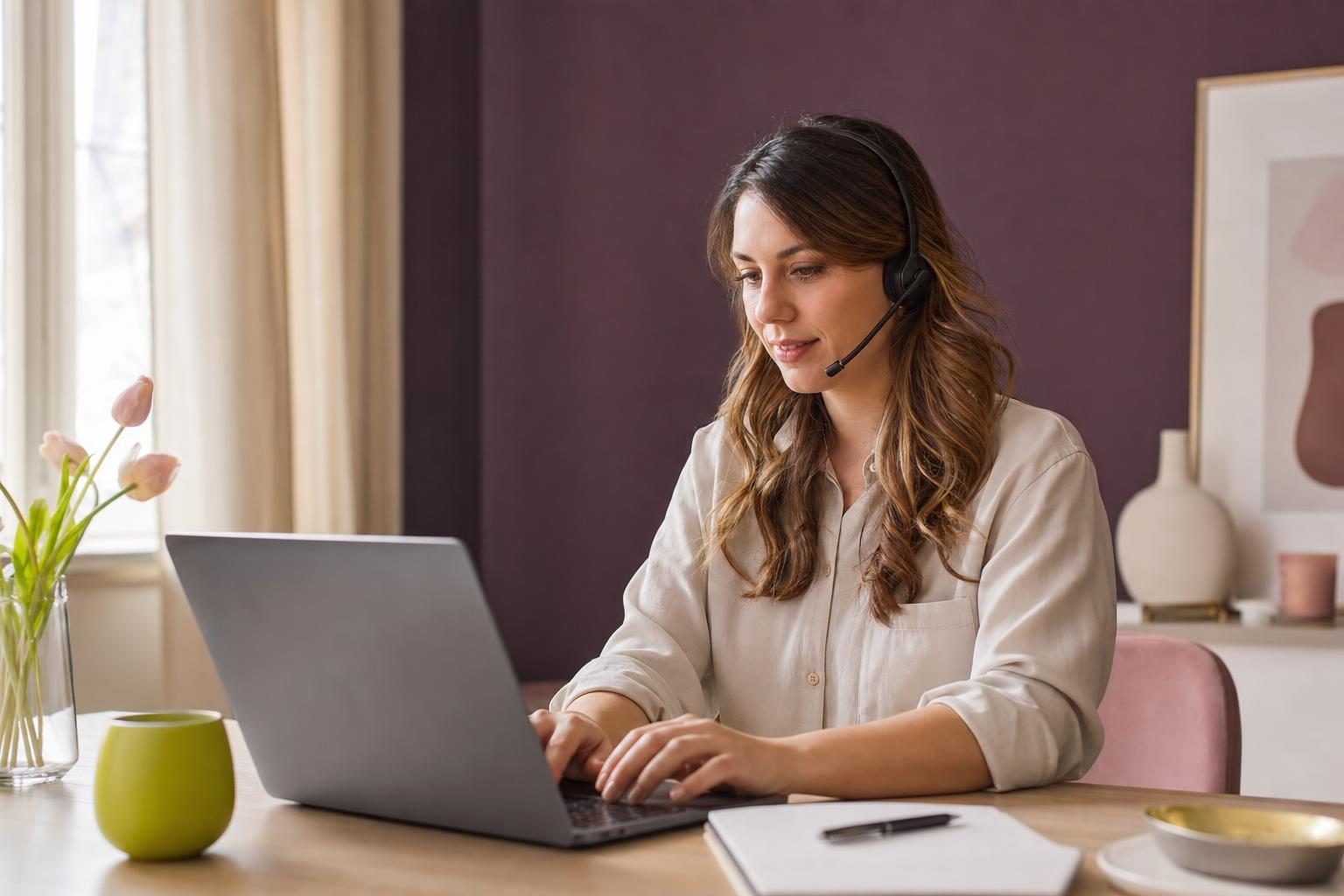 Remote customer service virtual assistant with a headset replying to customers at a home desk