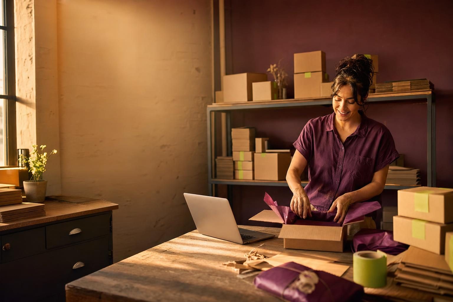 Direct-to-consumer brand packing room with mailer boxes and a laptop