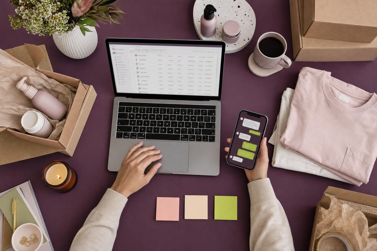 Ecommerce operations desk with laptop order dashboard, customer chat on a phone, and product samples