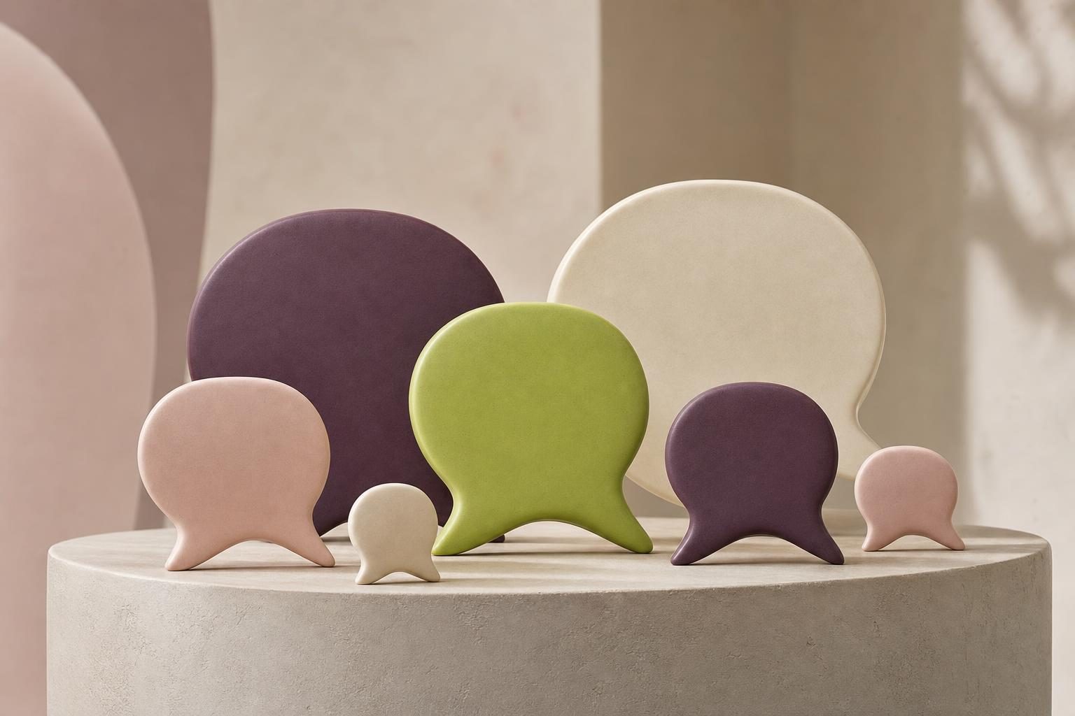 Speech-bubble shapes on a plinth representing a choice between customer support tools