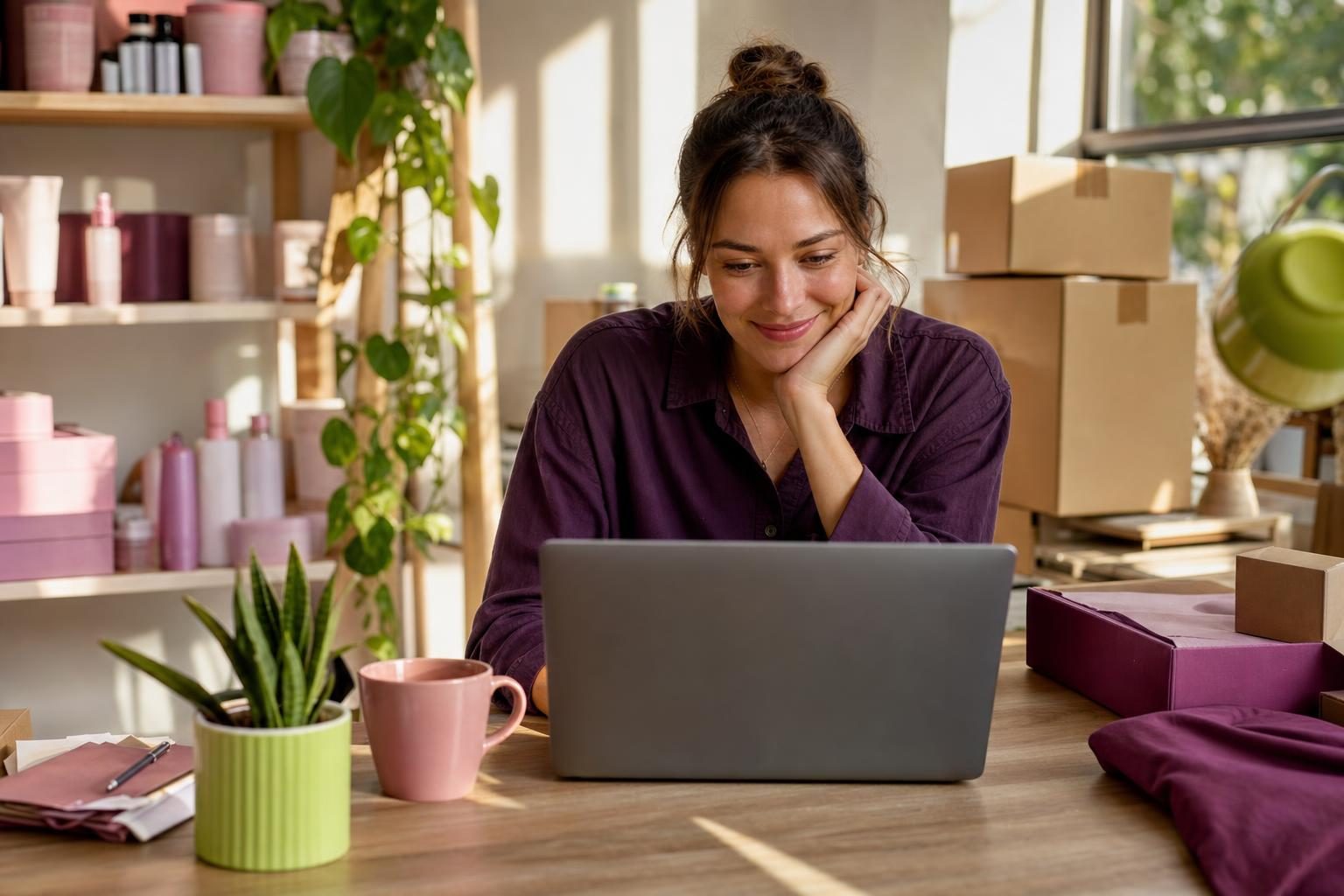 Small online store owner reading a tidy customer support inbox after outsourcing customer service